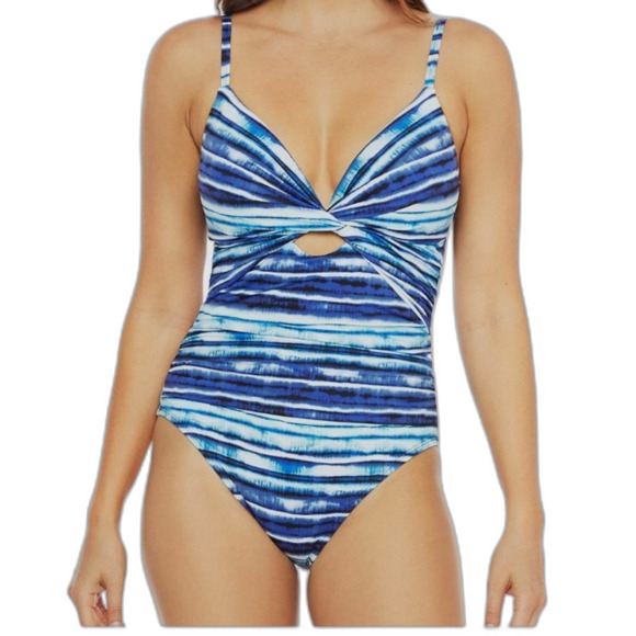 La Blanca Blue Serene Stripe Keyhole Twist Front Tummy Control Swimsuit Size 12 - Picture 1 of 15